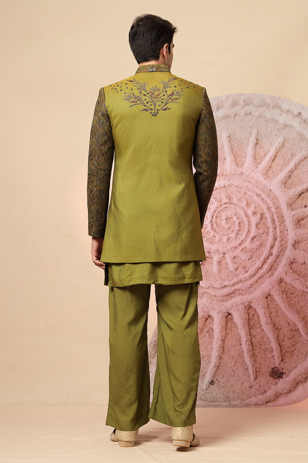 Olive Green Embroidered Indo-Western Kurta Set With Designer Jacket