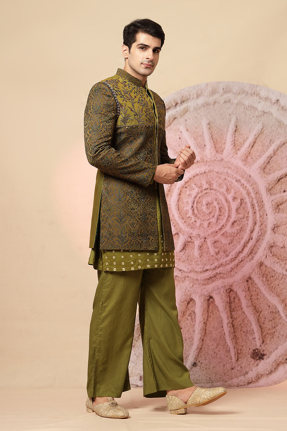 Olive Green Embroidered Indo-Western Kurta Set With Designer Jacket