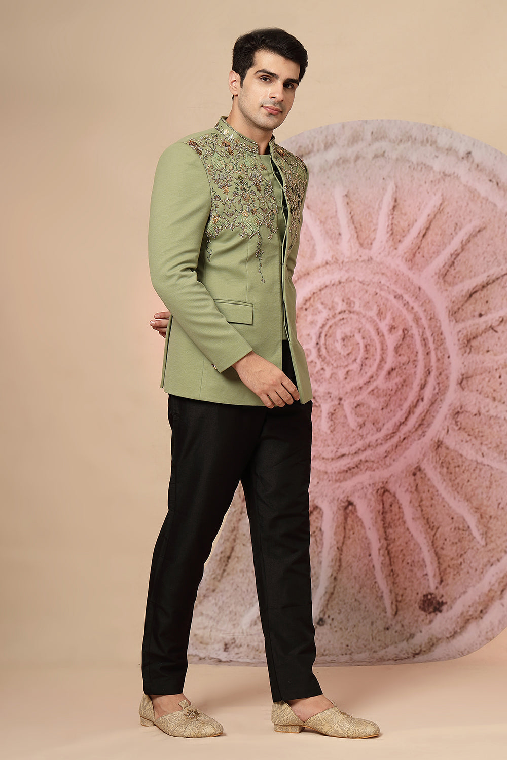 Olive Green Embroidered Jacket Set