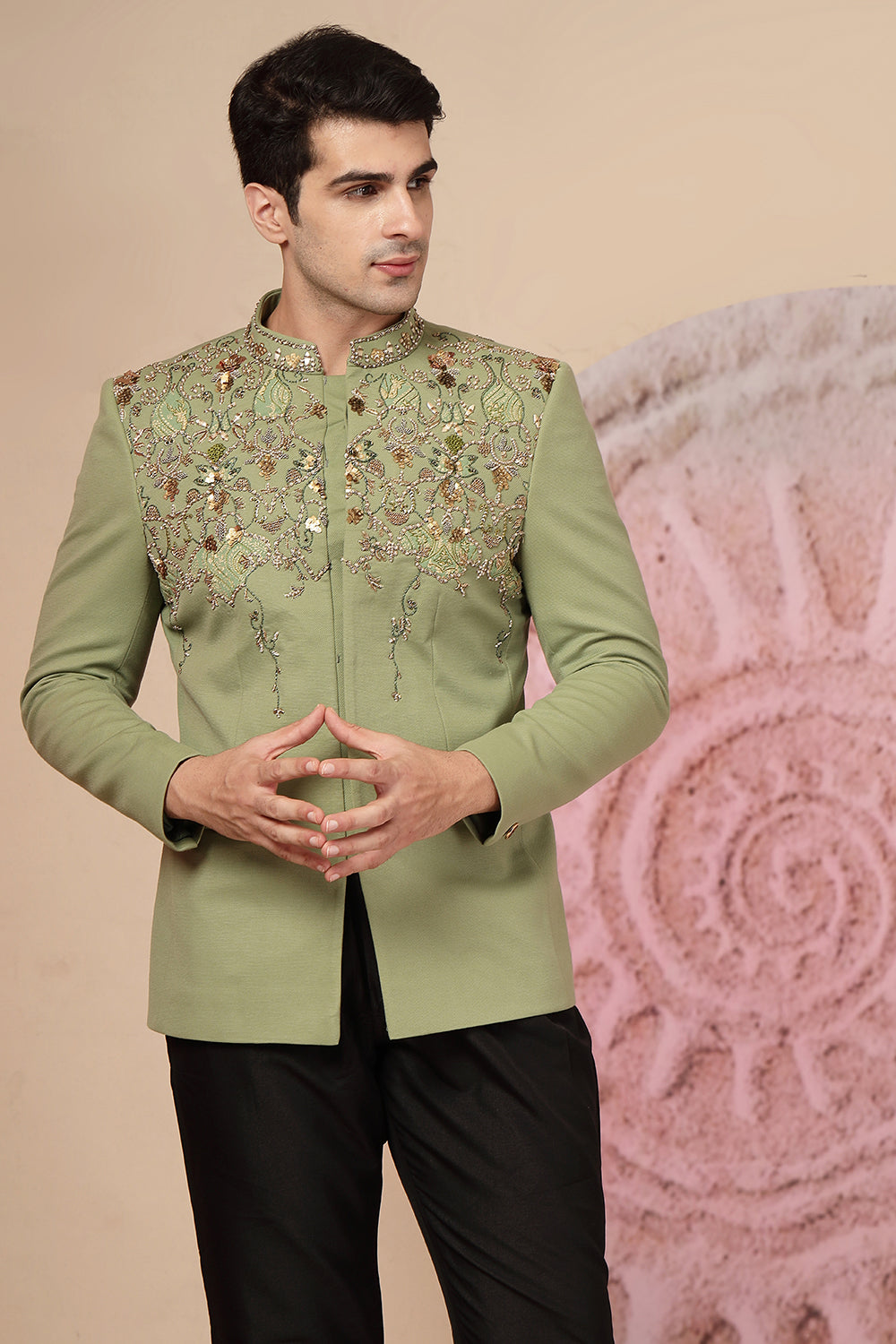 Olive Green Embroidered Jacket Set