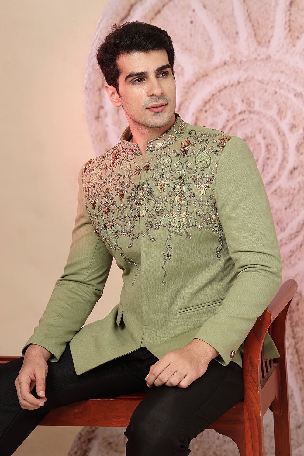 Olive Green Embroidered Jacket Set