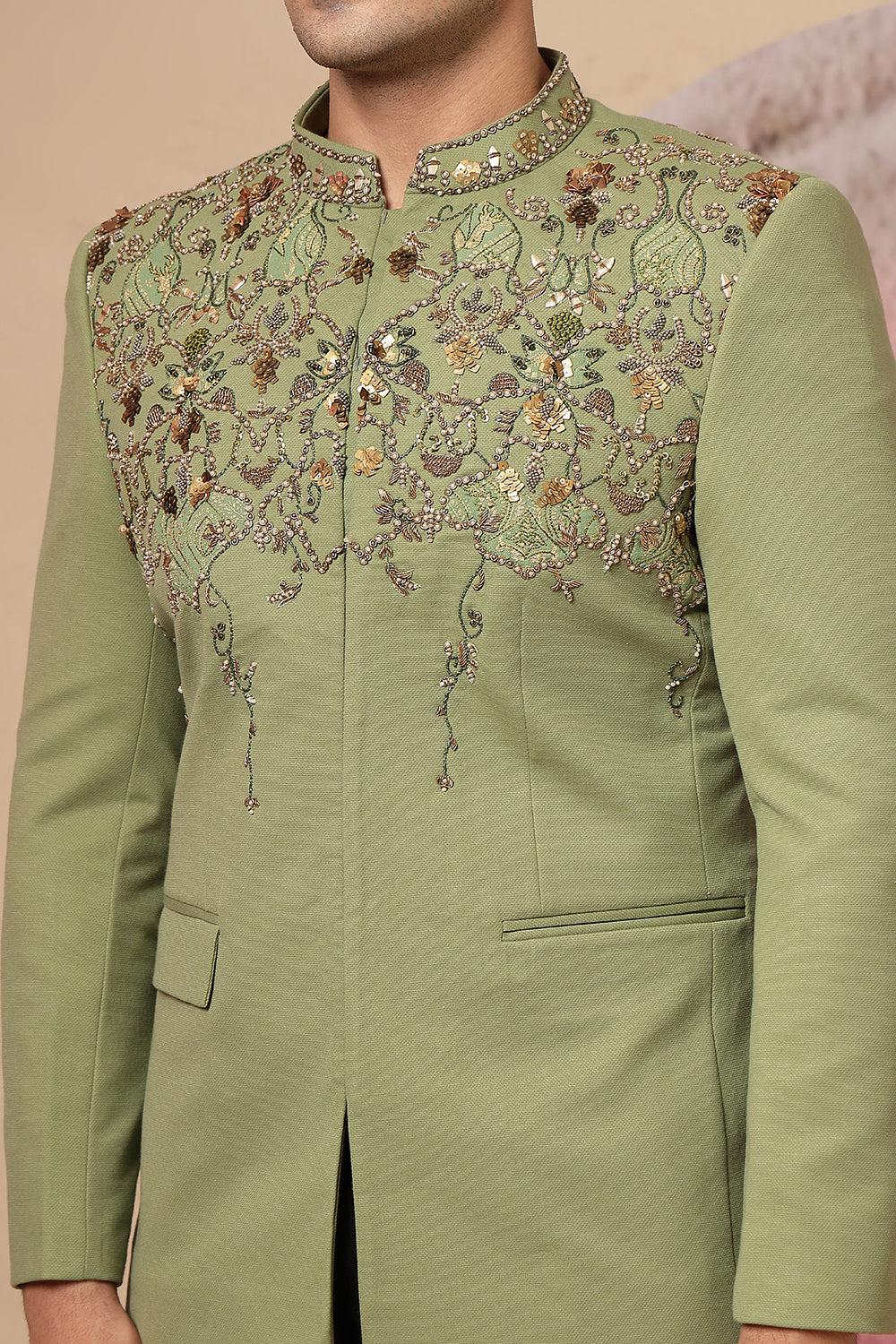 Olive Green Embroidered Jacket Set