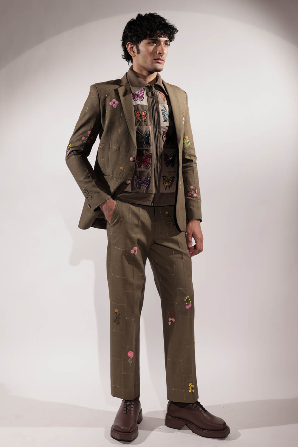 Olive Green Linen Blazer with floral embroidery