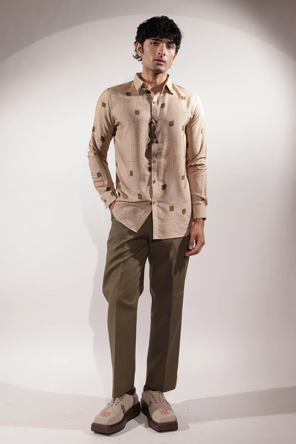 Olive Green Linen Pants with Kantha Embroidery