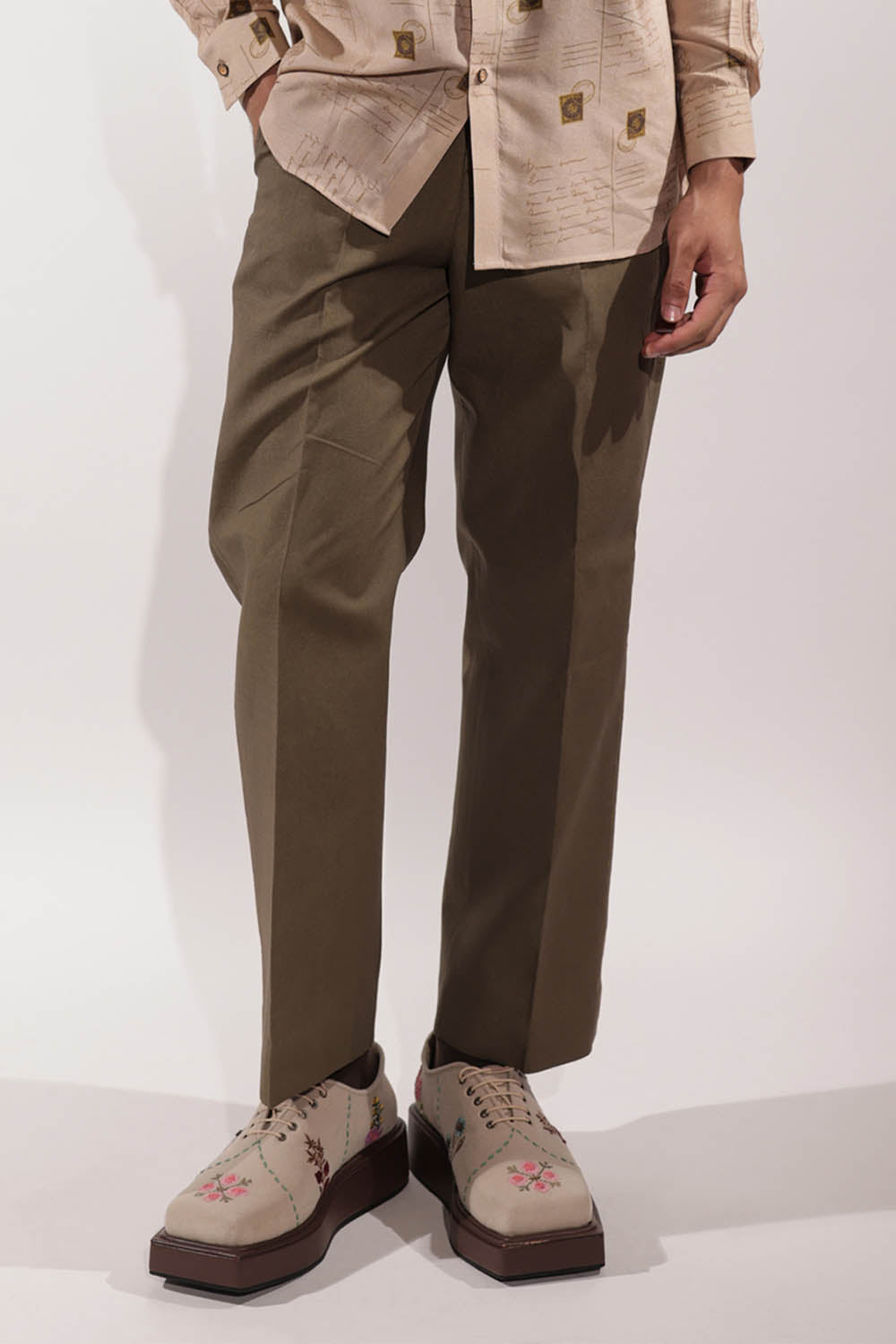 Olive Green Linen Pants with Kantha Embroidery