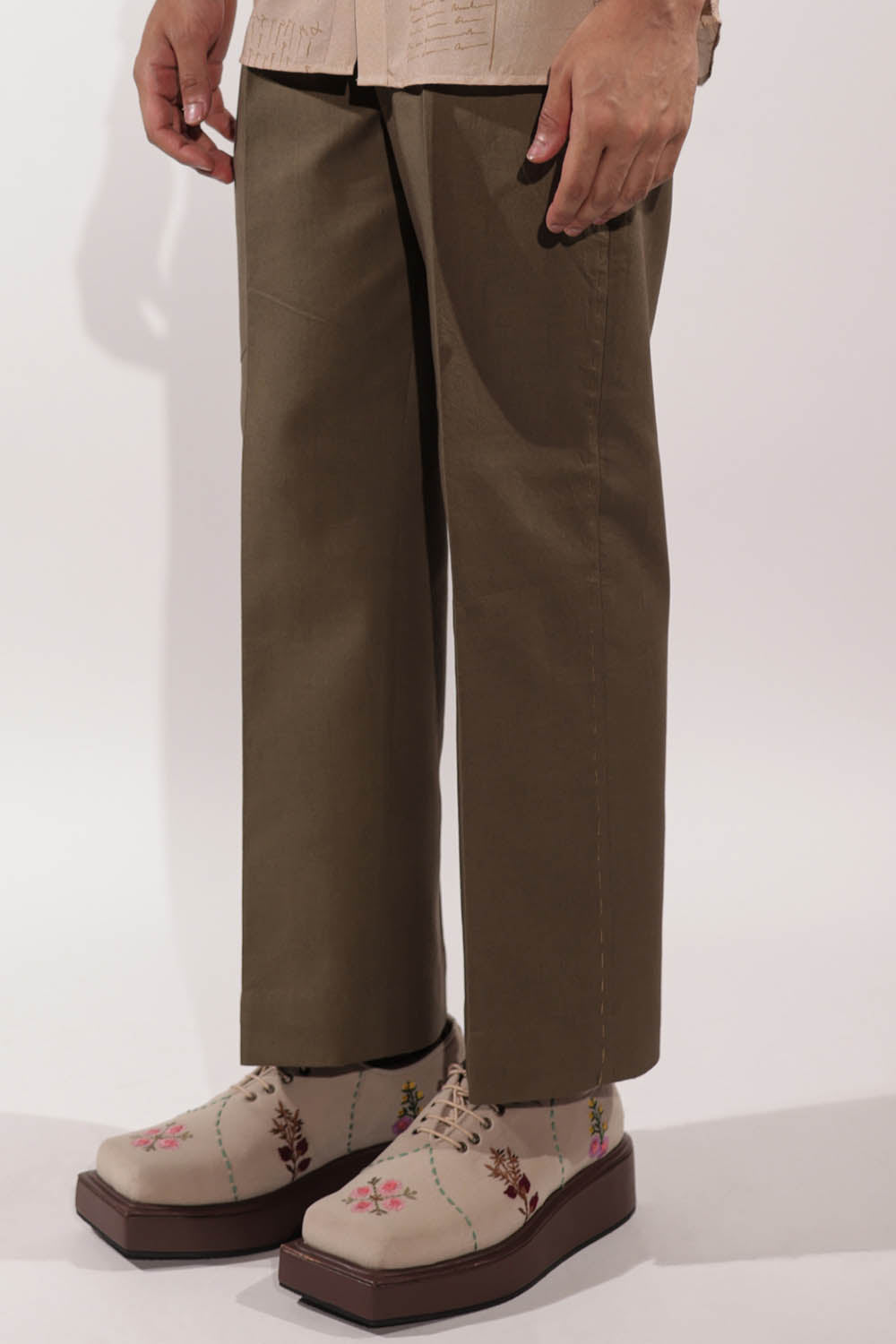 Olive Green Linen Pants with Kantha Embroidery