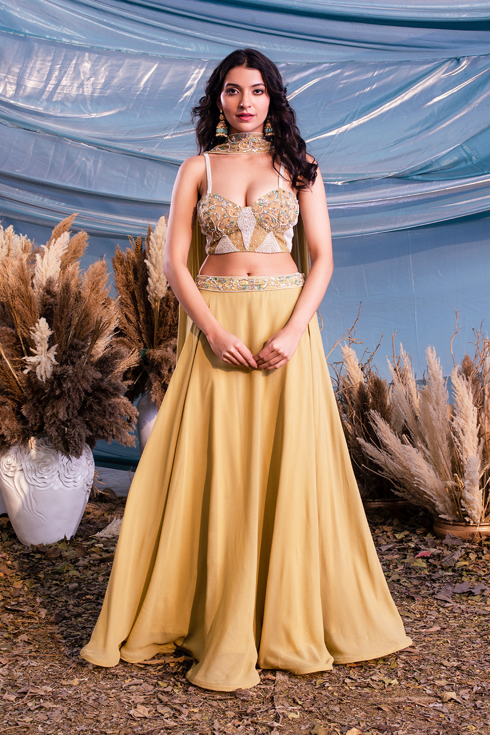 Olive Haze Georgette Skirt With Corset And Dupatta