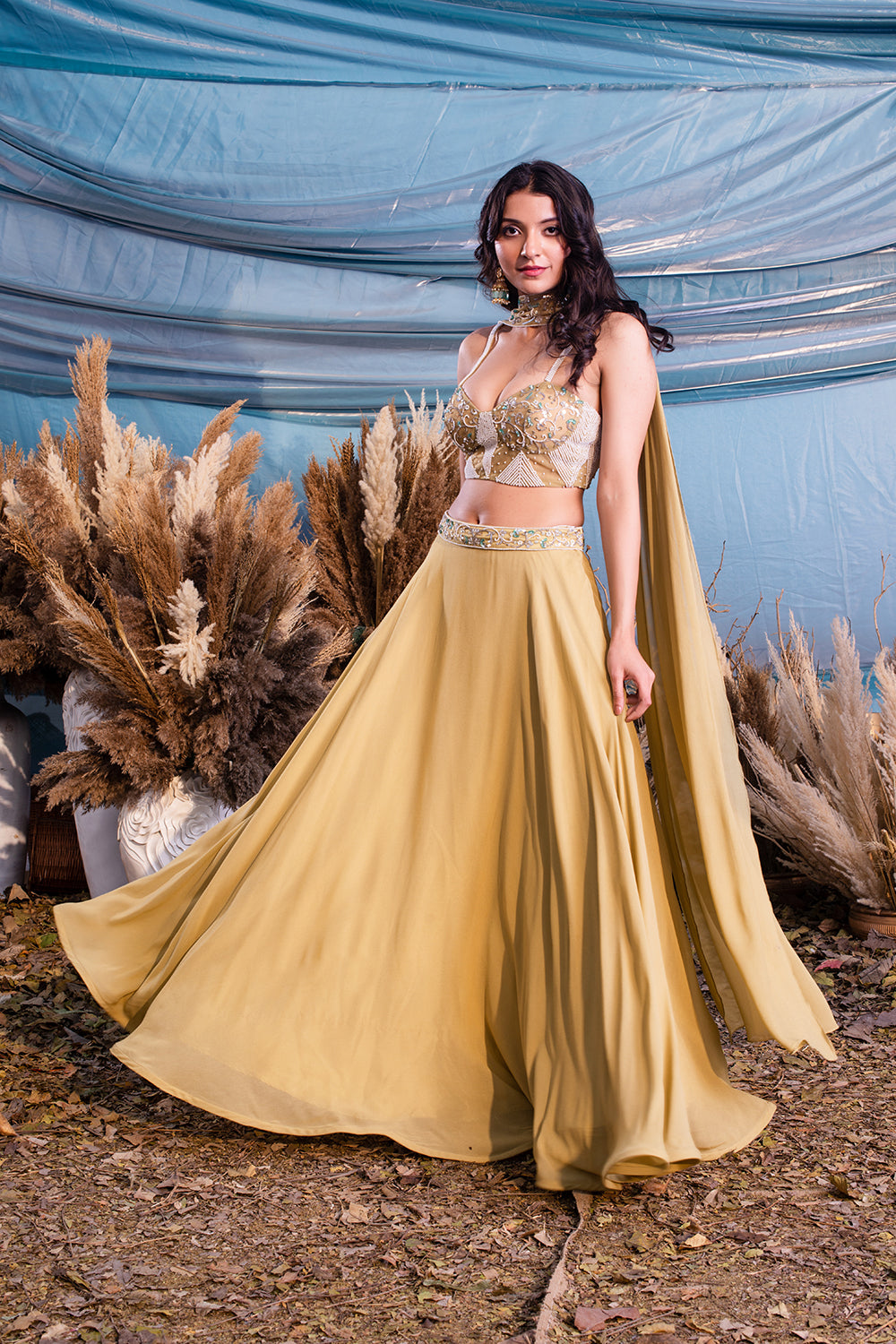 Olive Haze Georgette Skirt With Corset And Dupatta