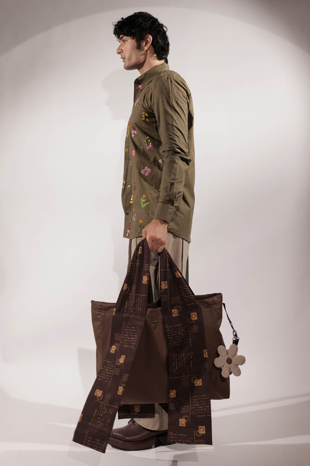 Olive Linen Floral Embroidered Shirt