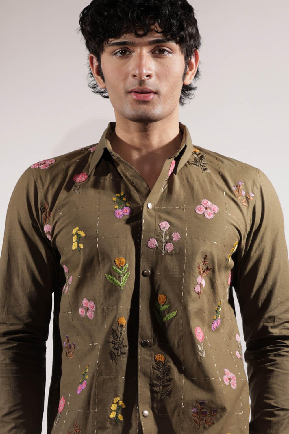Olive Linen Floral Embroidered Shirt