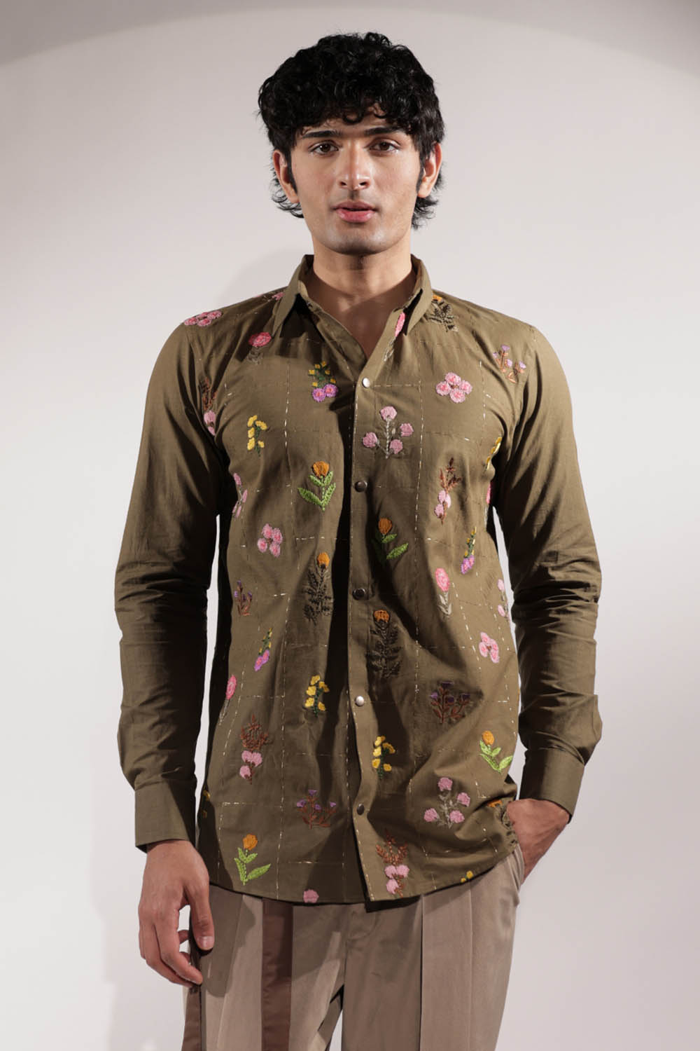 Olive Linen Floral Embroidered Shirt