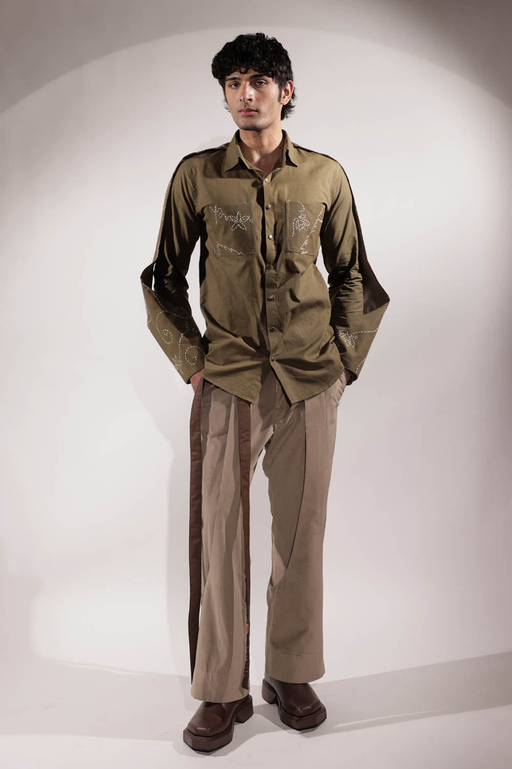 Olive Linen Handwritten Kantha Shirt
