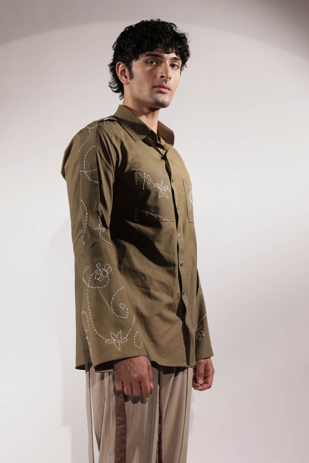 Olive Linen Handwritten Kantha Shirt