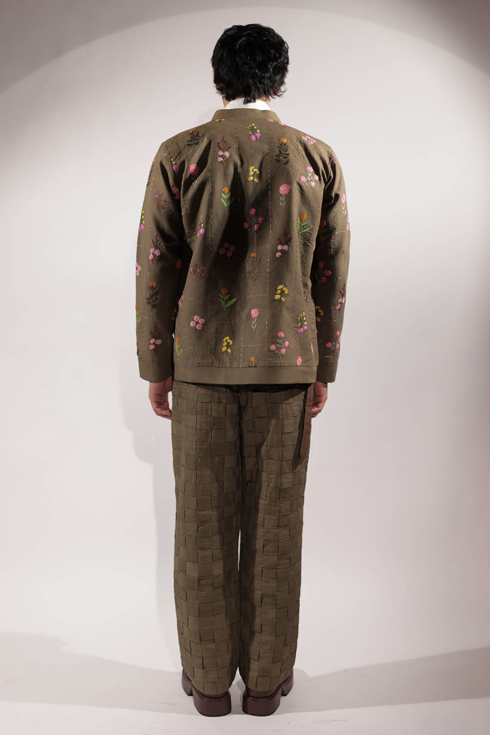 Olive linen jacket with floral embroidery