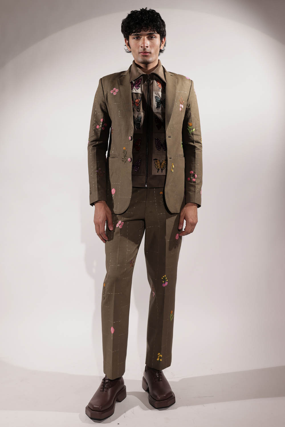 Olive Linen Pants with floral embroidery