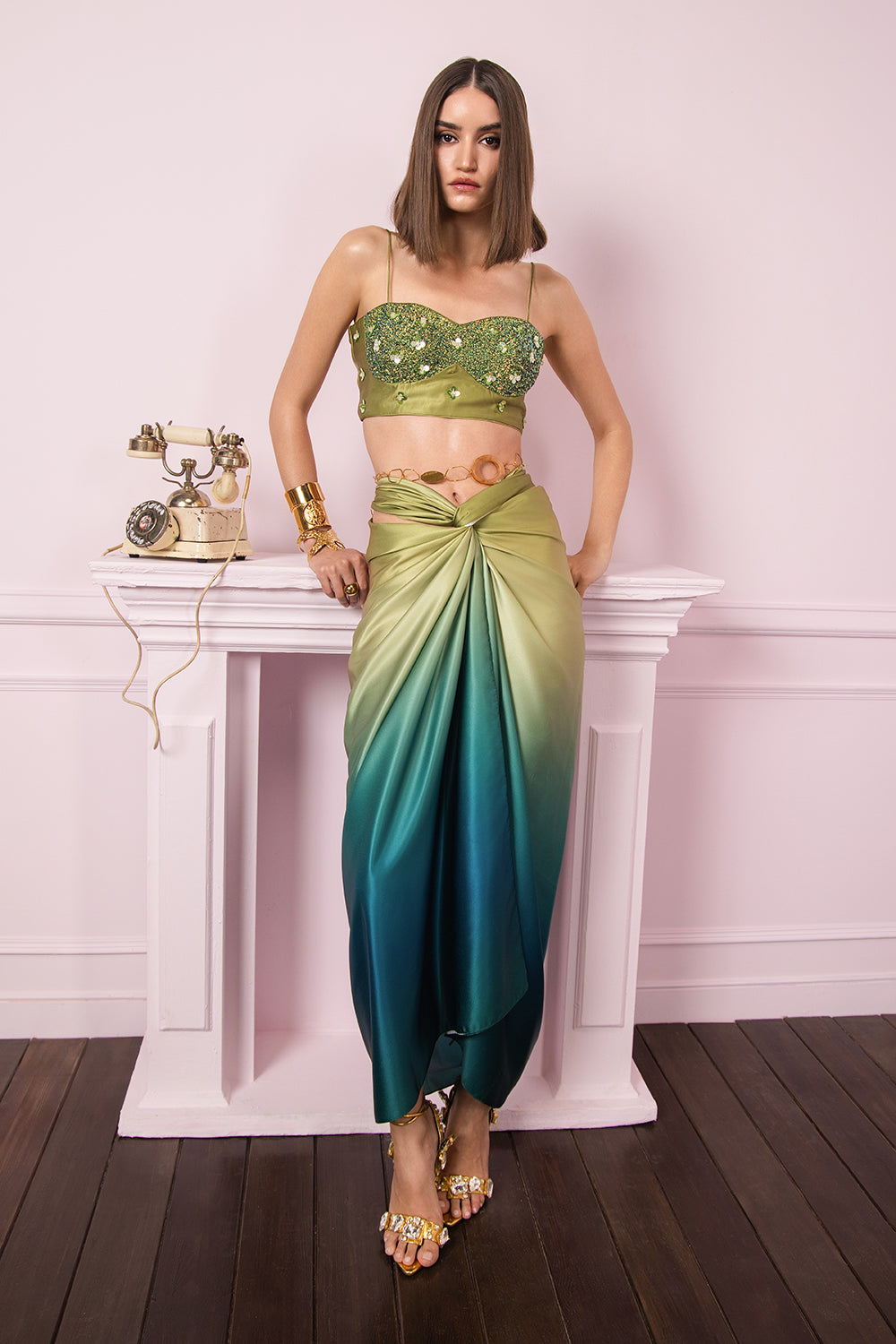 Olive Ombre Drape Skirt Set