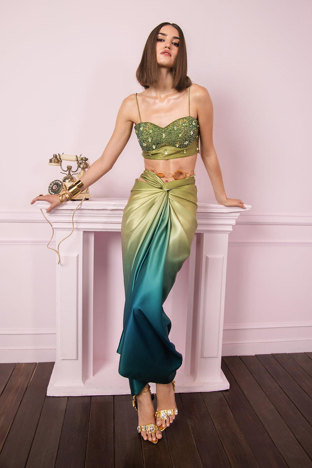 Olive Ombre Drape Skirt Set