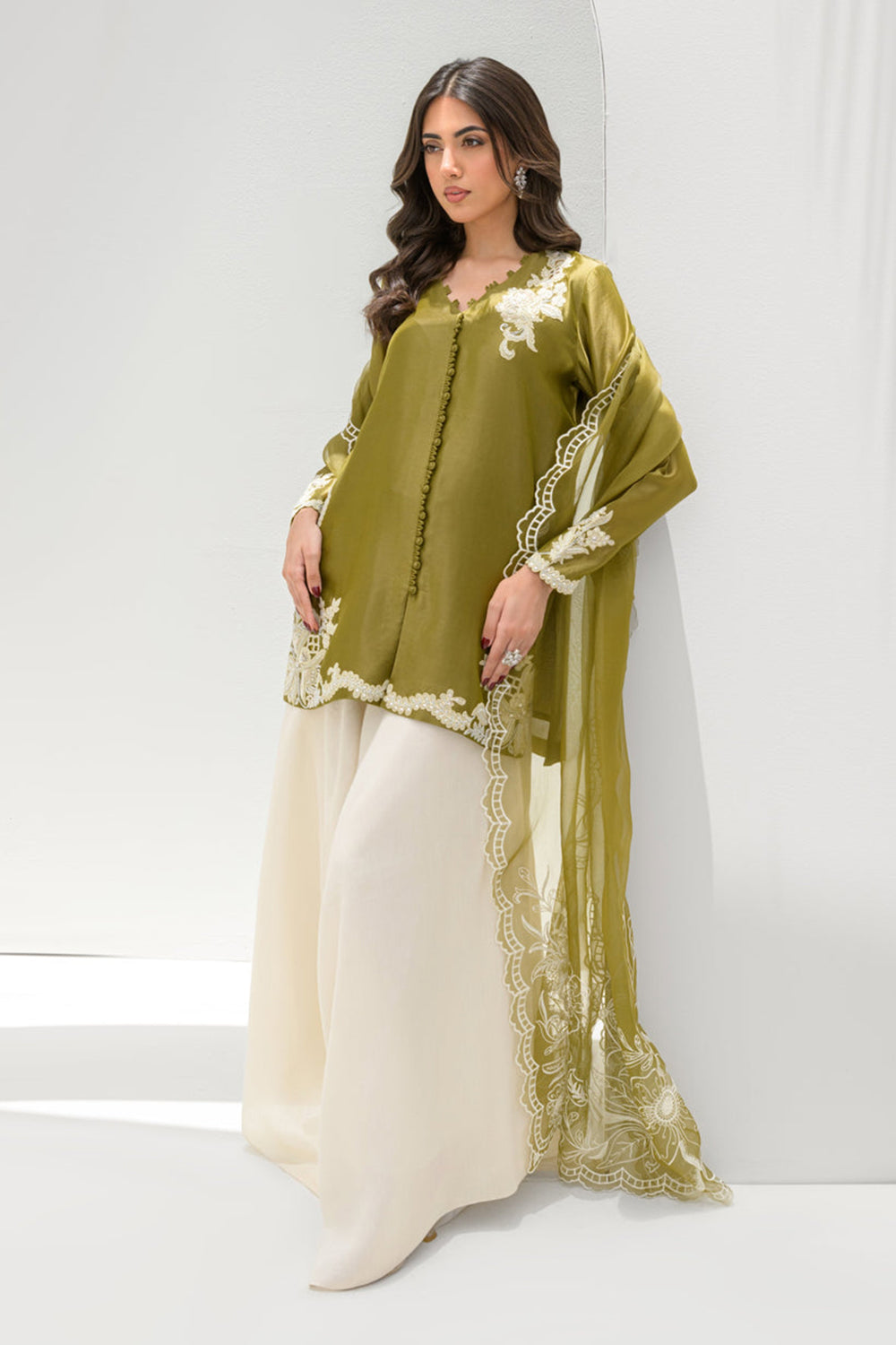 Olive Silk Embroidered Kurta Palazzo Suit Sets