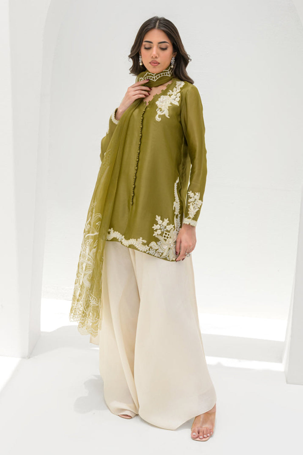 Olive Silk Embroidered Kurta Palazzo Suit Sets