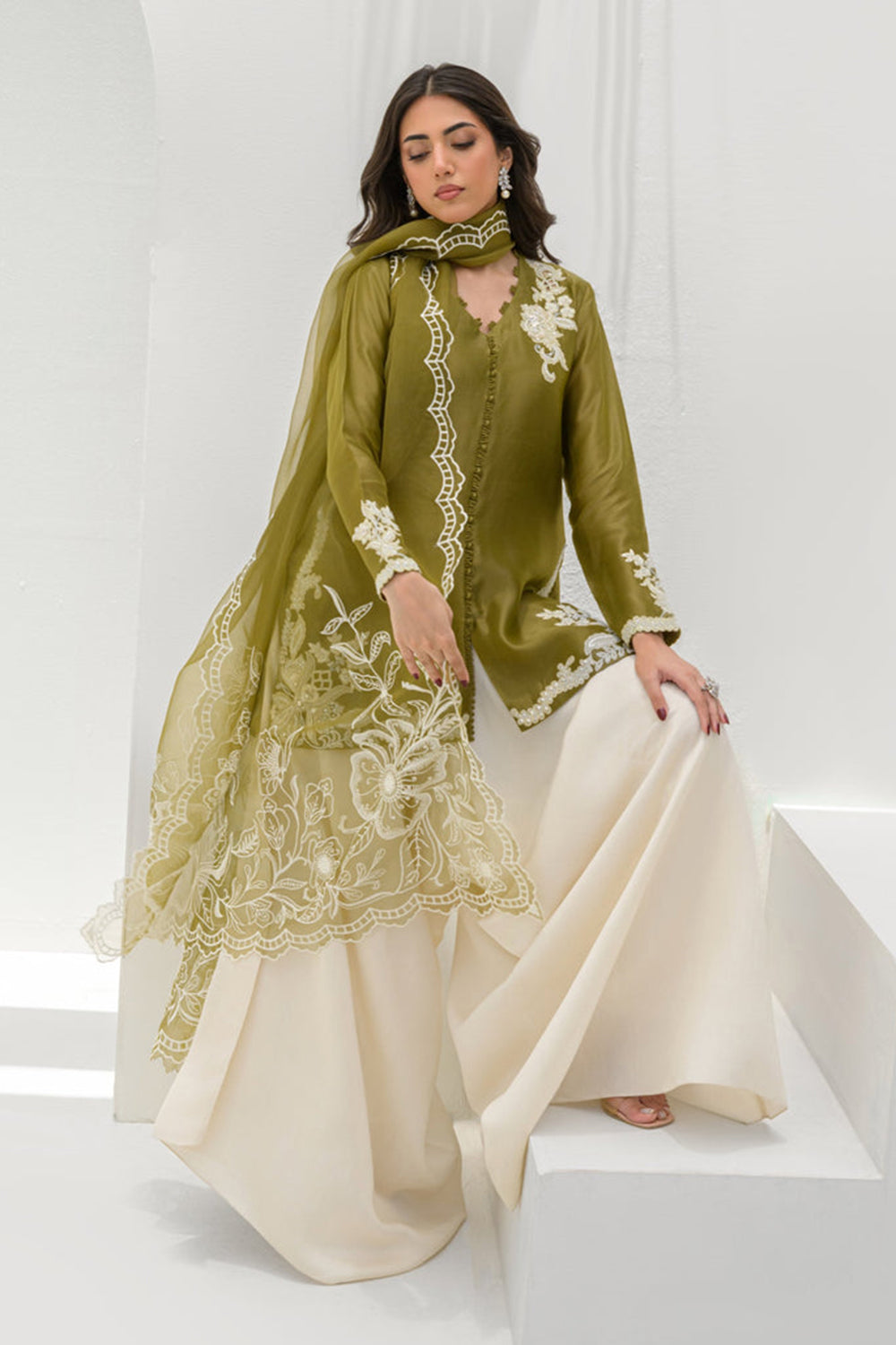 Olive Silk Embroidered Kurta Palazzo Suit Sets