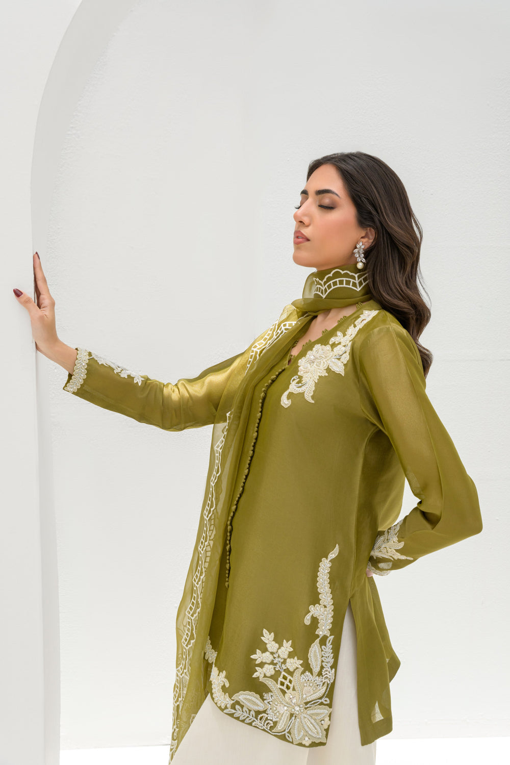 Olive Silk Embroidered Kurta Palazzo Suit Sets