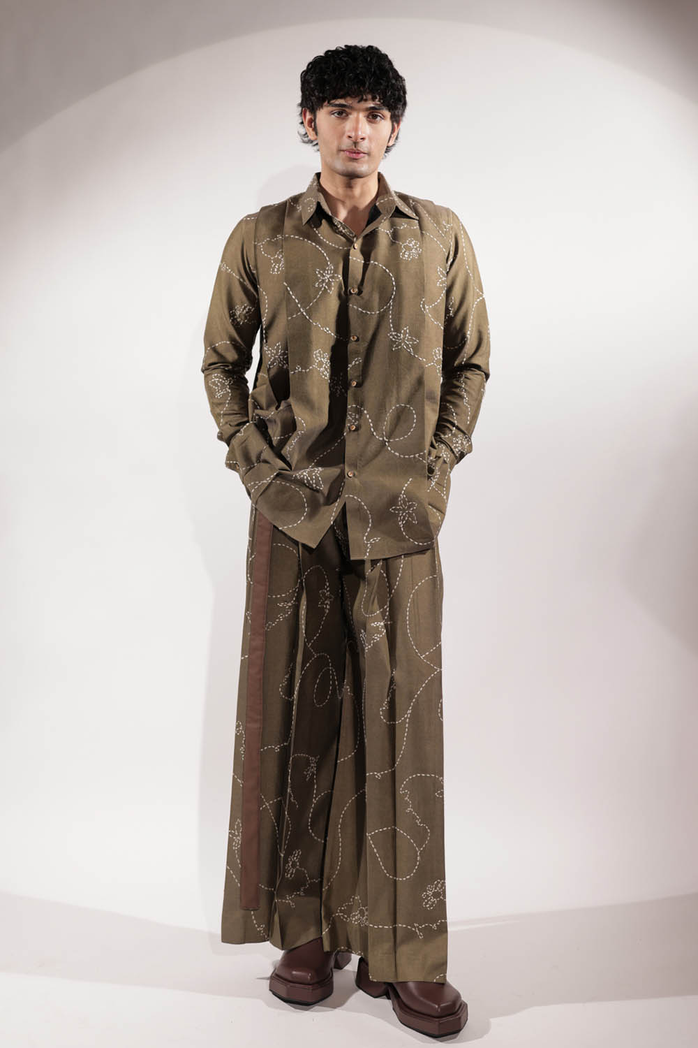 Olive Wide Leg Kantha Embroidered Pants