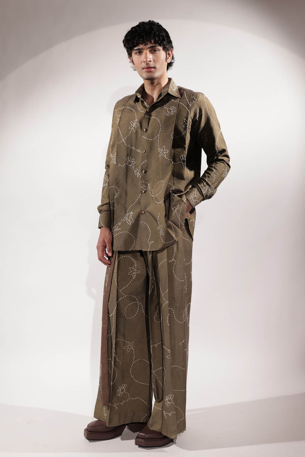 Olive Wide Leg Kantha Embroidered Pants