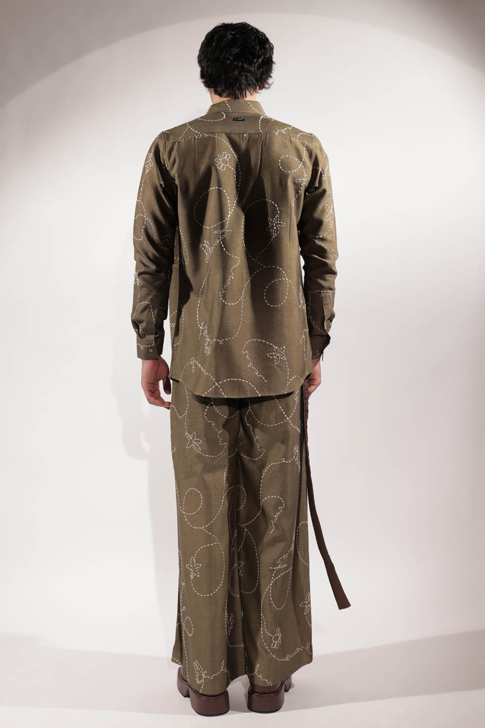 Olive Wide Leg Kantha Embroidered Pants