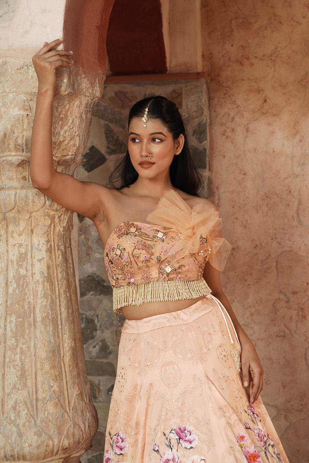 One Shoulder Elegant Soft Blush Floral Lehenga Set