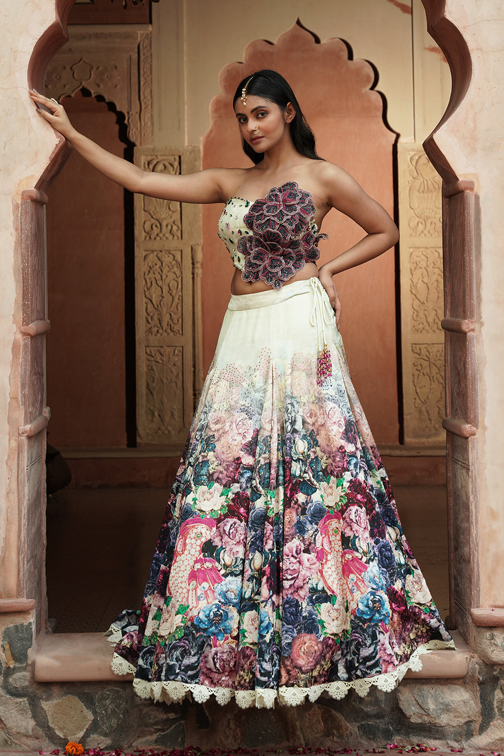 One Shoulder Floral Pastel Designer Lehenga Set
