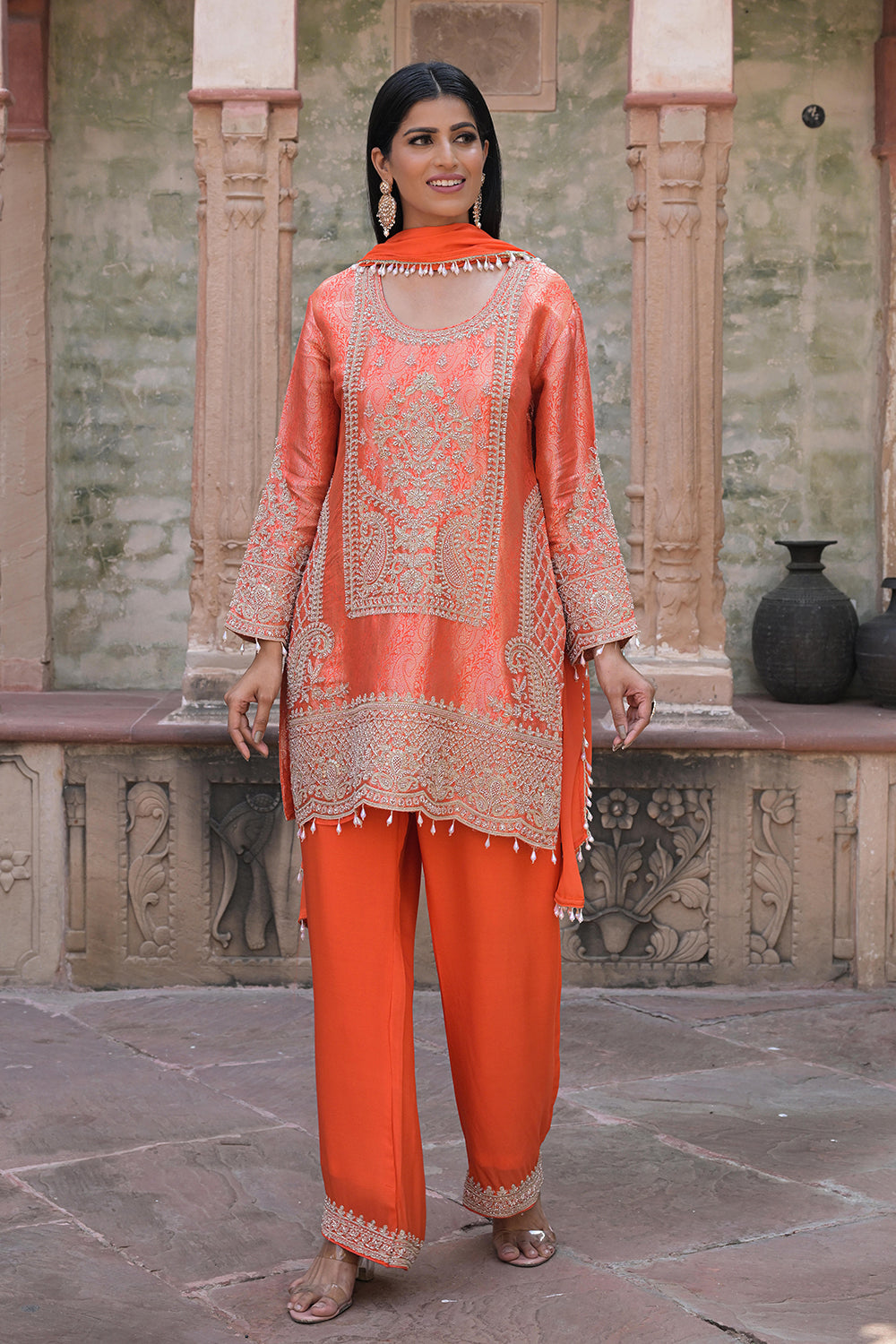 Orange Brocade Kurti Pant Set Designer Indian Ethnic Wear
