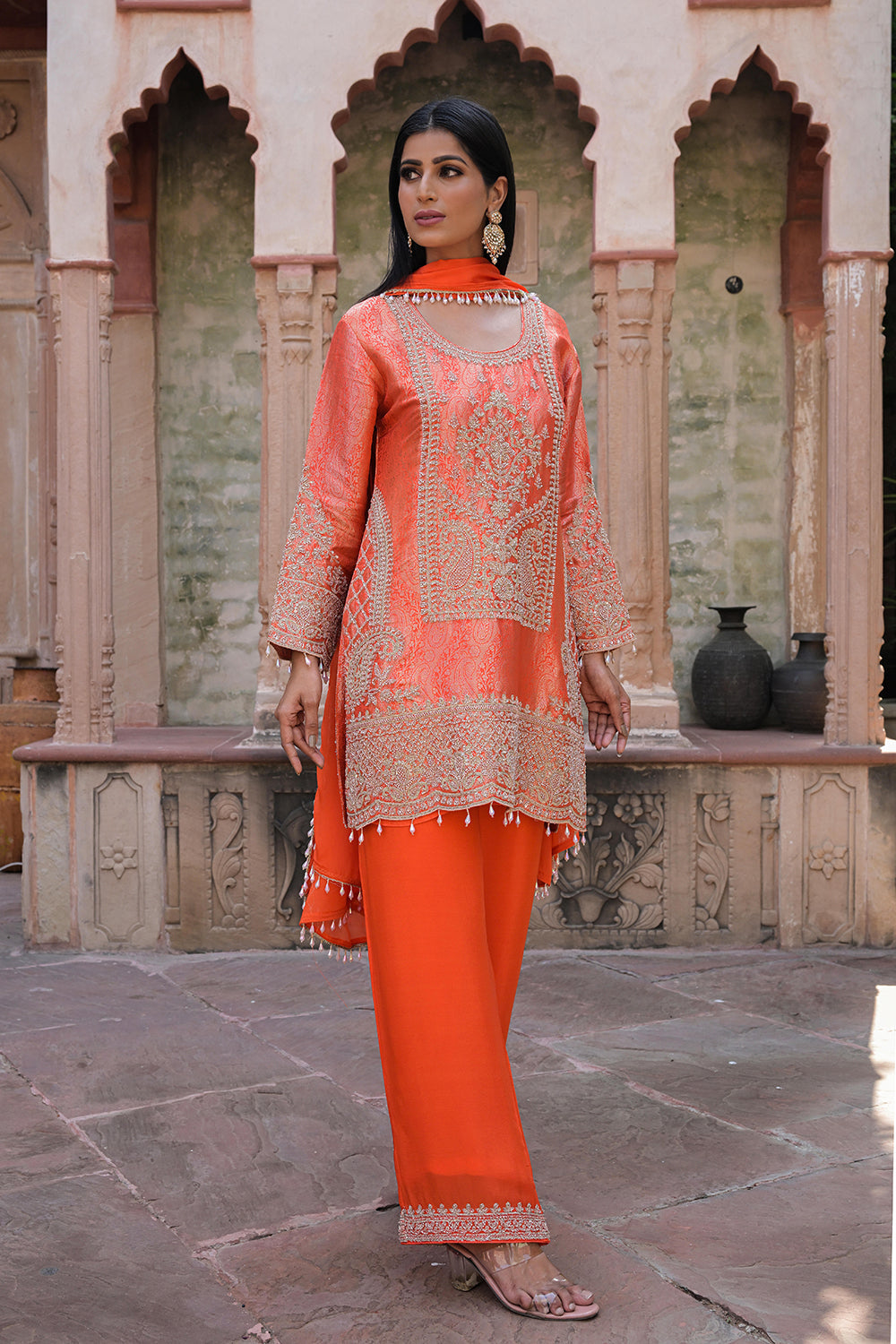 Orange Brocade Kurti Pant Set Designer Indian Ethnic Wear