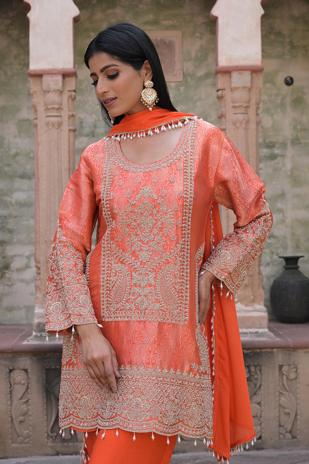 Orange Brocade Kurti Pant Set Designer Indian Ethnic Wear