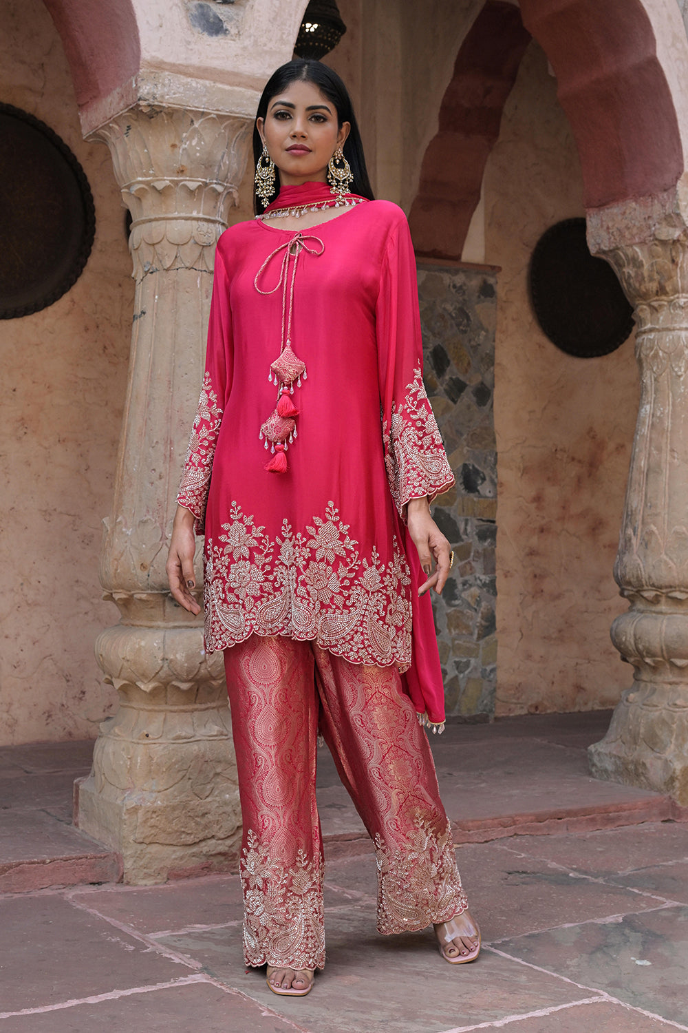 Orange Brocade Kurti Pant Set Festival Ready Indian Party Outfit