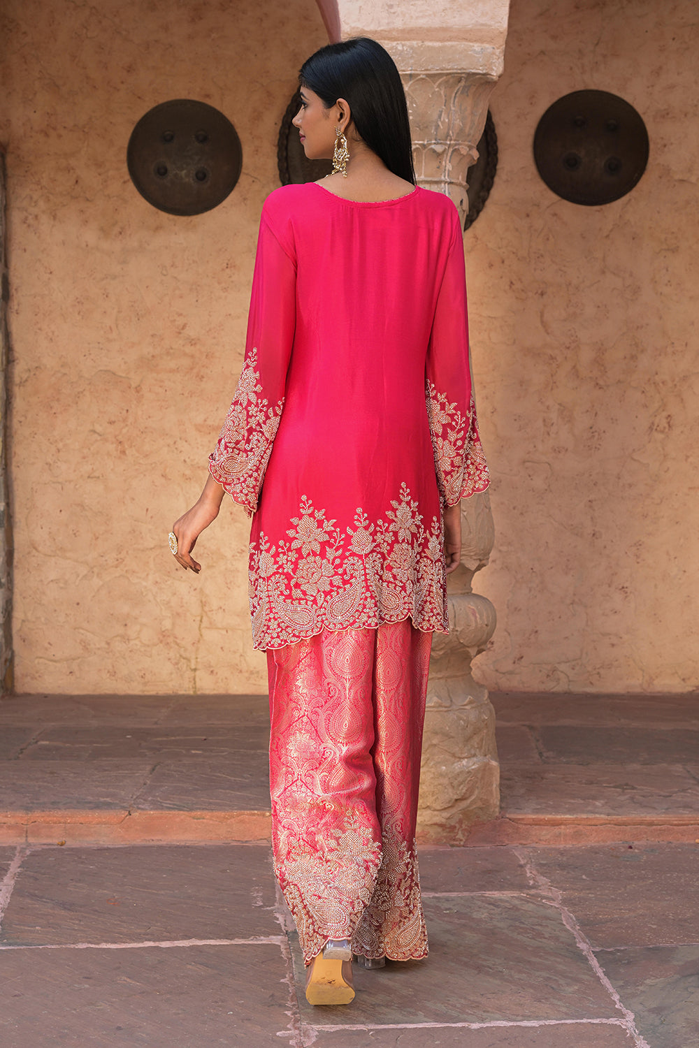 Orange Brocade Kurti Pant Set Festival Ready Indian Party Outfit