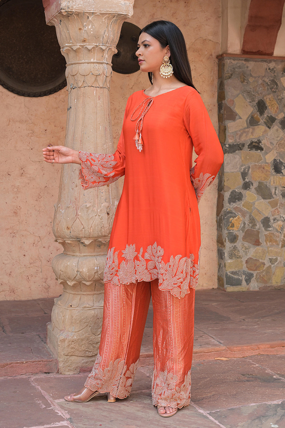 Orange Brocade Kurti Pant Set Floral Festive Indian Wear
