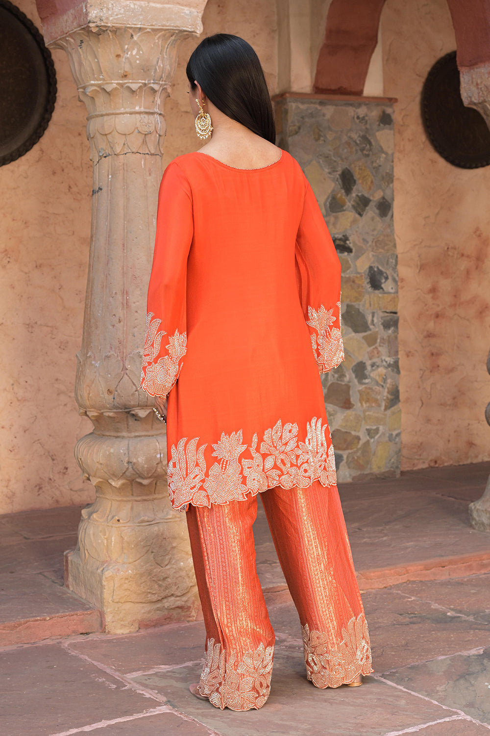 Orange Brocade Kurti Pant Set Floral Festive Indian Wear