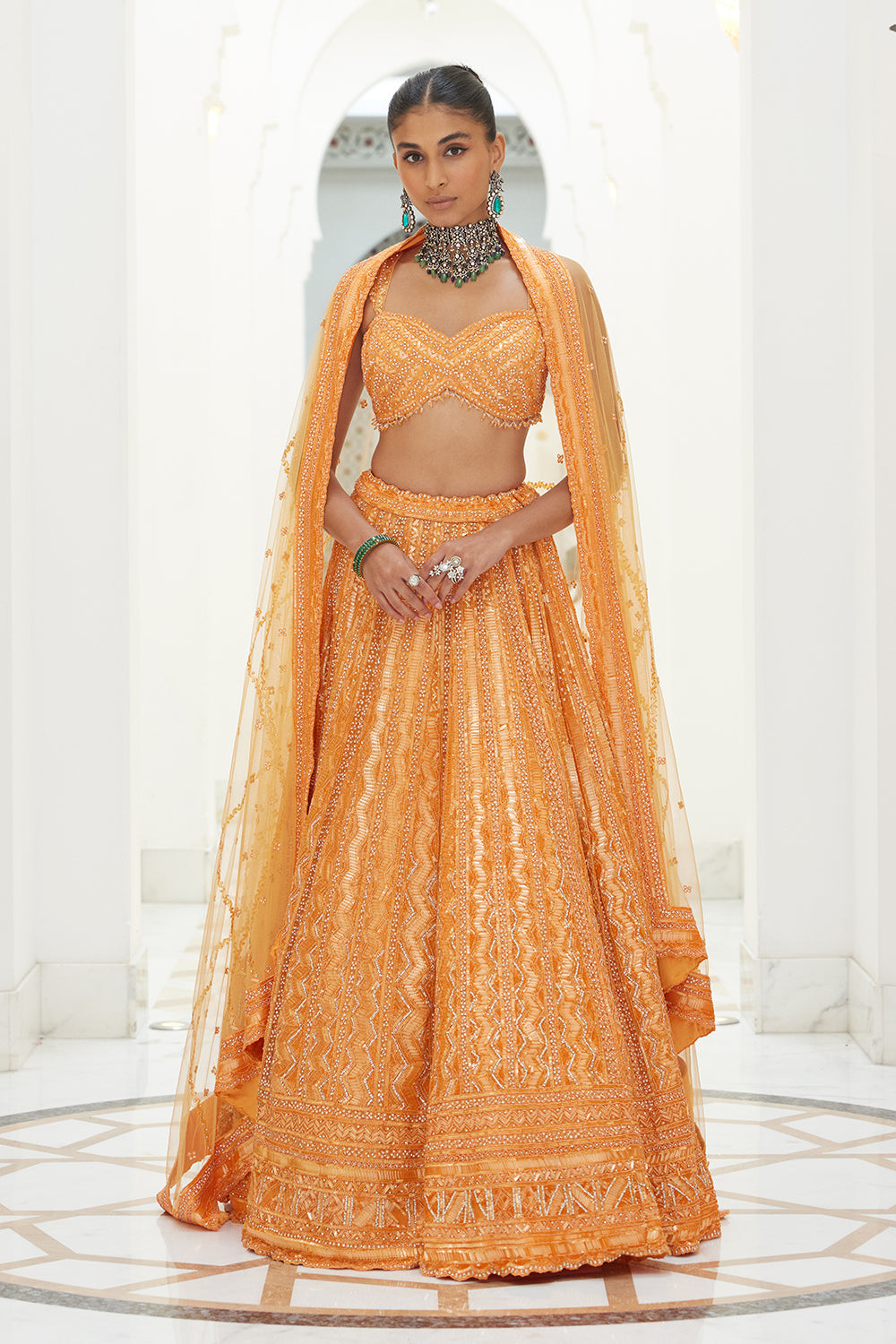 Orange Net Lehenga Choli Dupatta Set