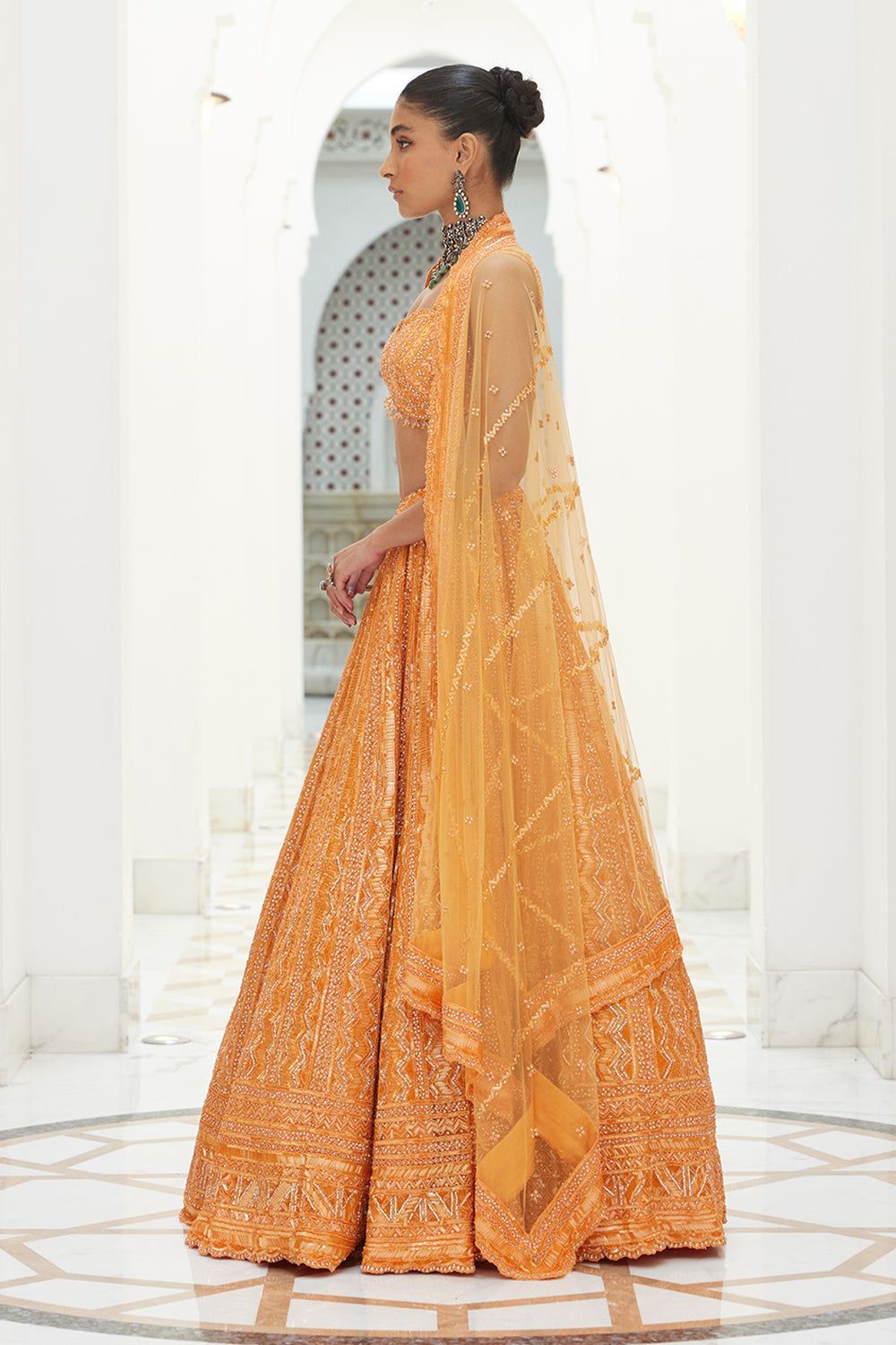 Orange Net Lehenga Choli Dupatta Set