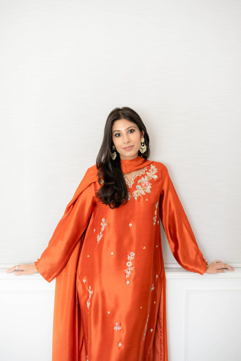 Orange Silk Embroidered Tulip Pants Co-Ord Sets