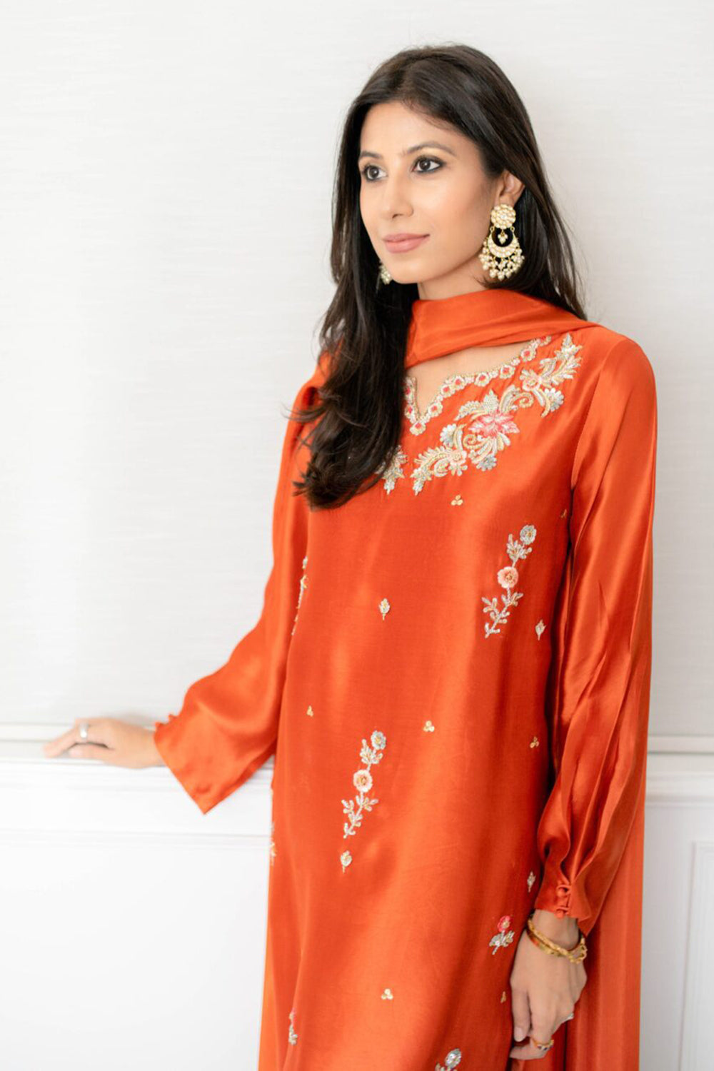 Orange Silk Embroidered Tulip Pants Co-Ord Sets