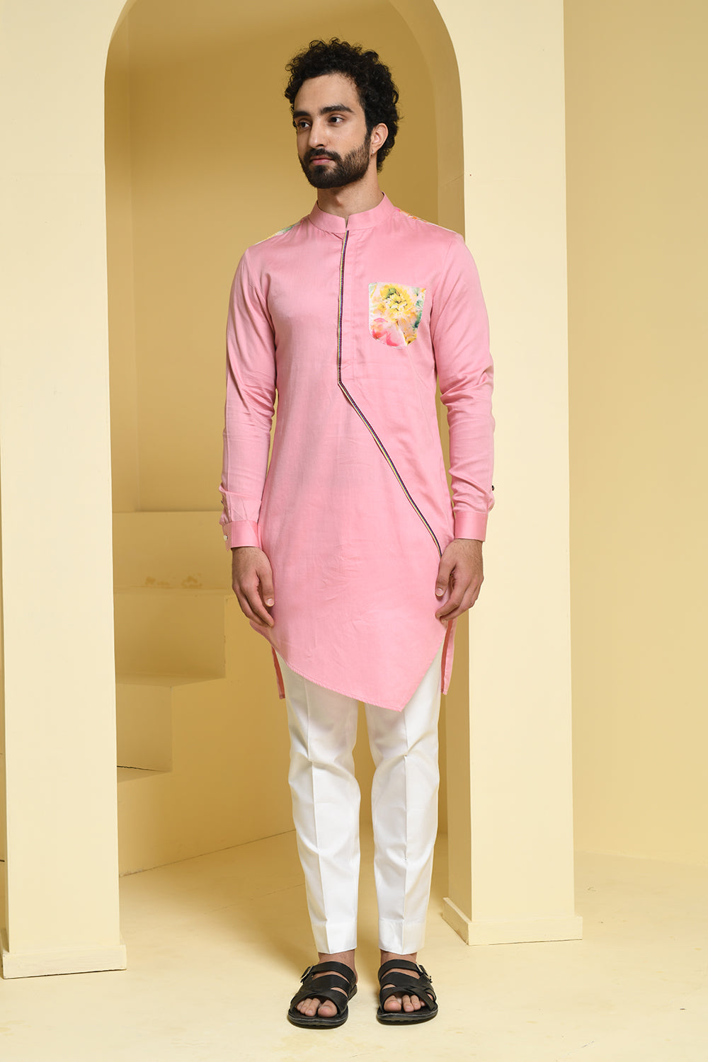 Pastel asymmetrical Kurta with Organza Details