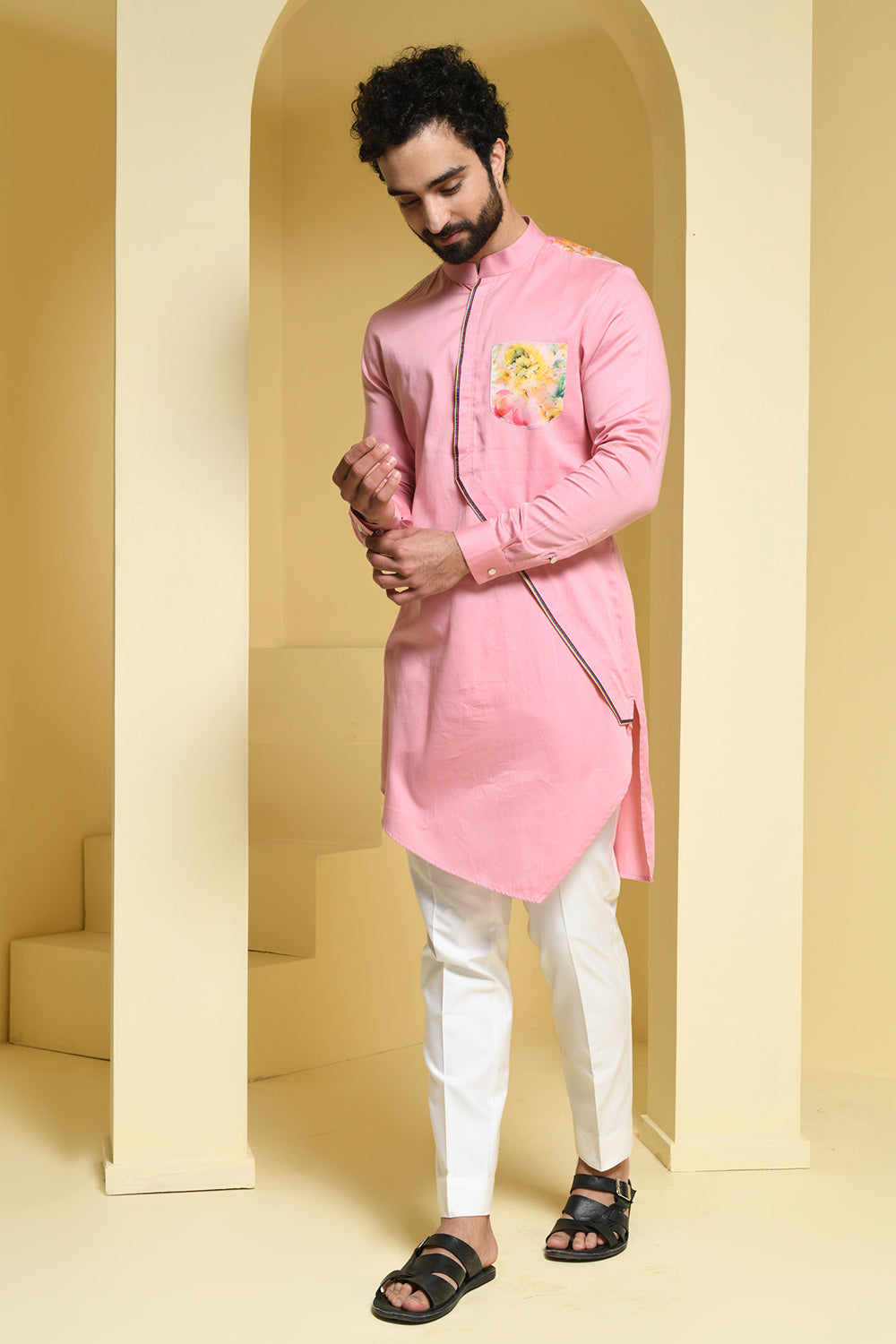 Pastel asymmetrical Kurta with Organza Details