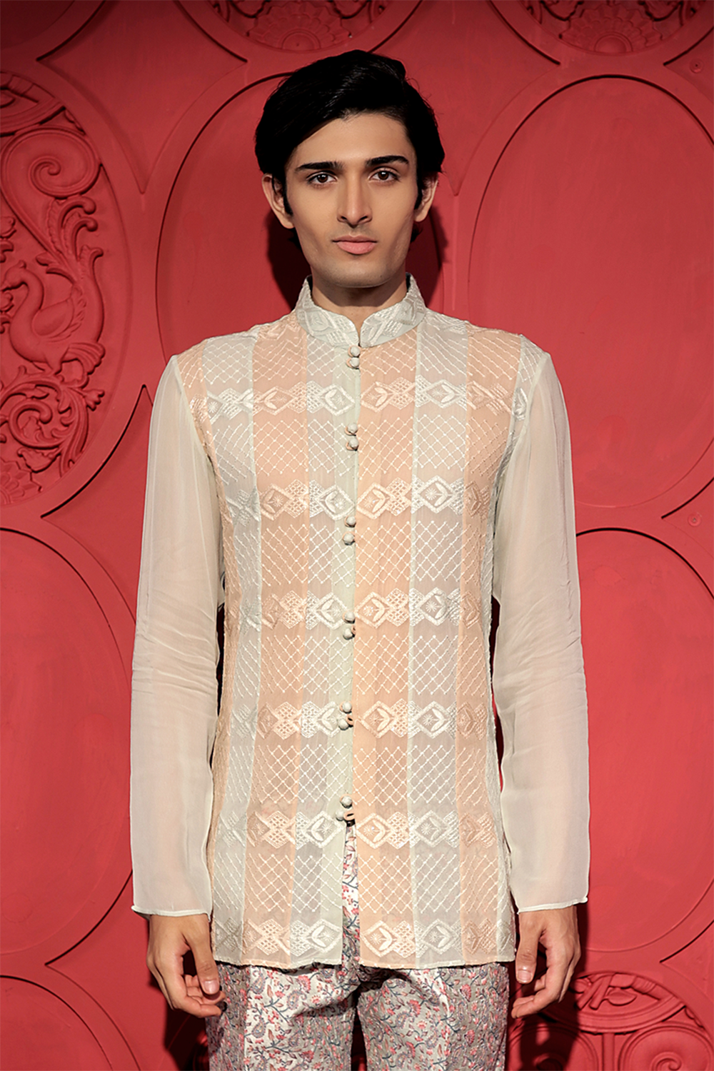 Pastel Green and Beige Chikankari Short Kurta