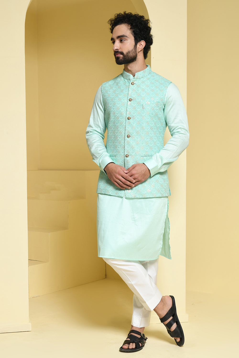 Pastel green Kurta Pants with complimenting silk jacket