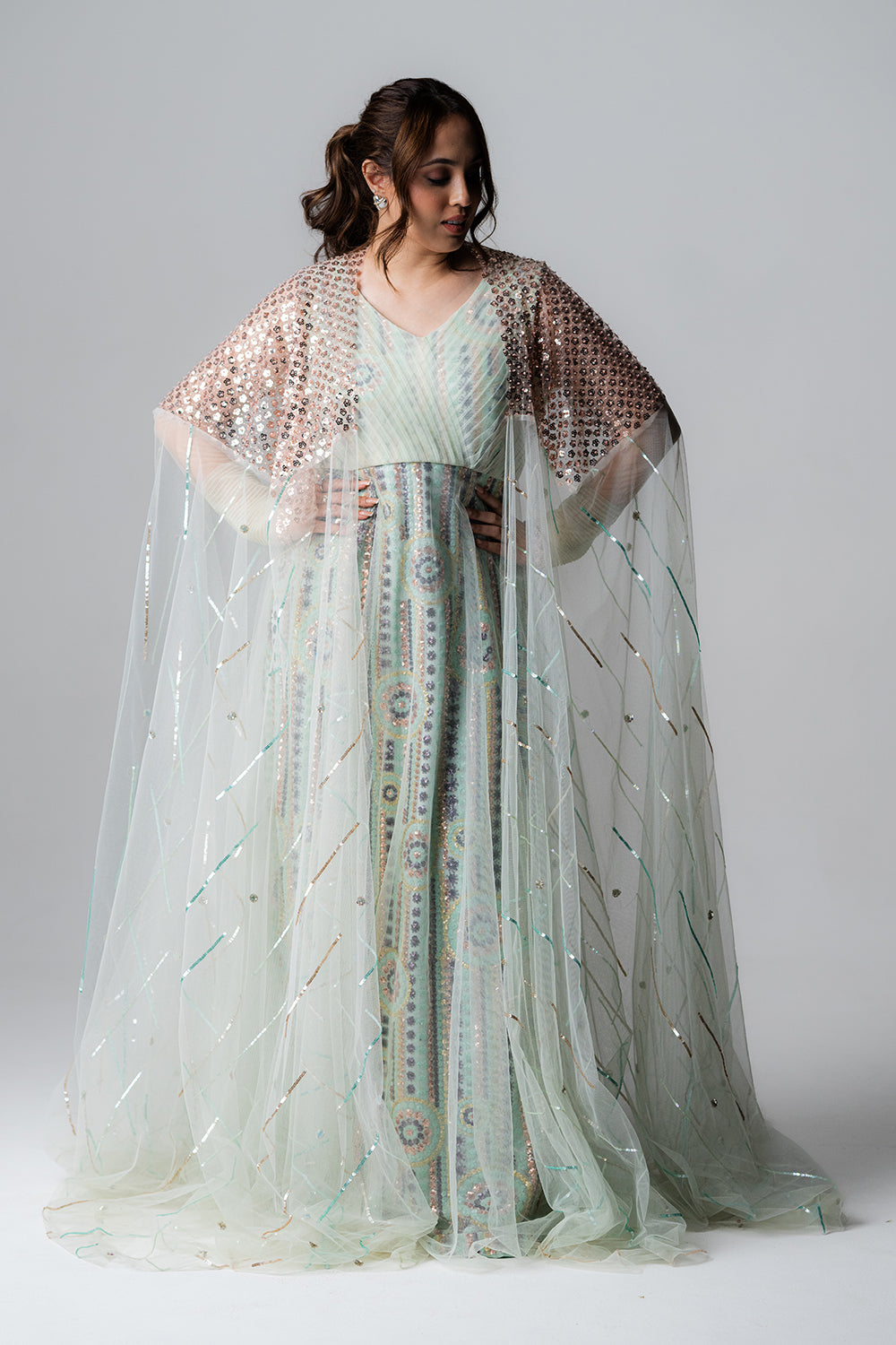 Pastel Mint Net Gown with Sequin Cape