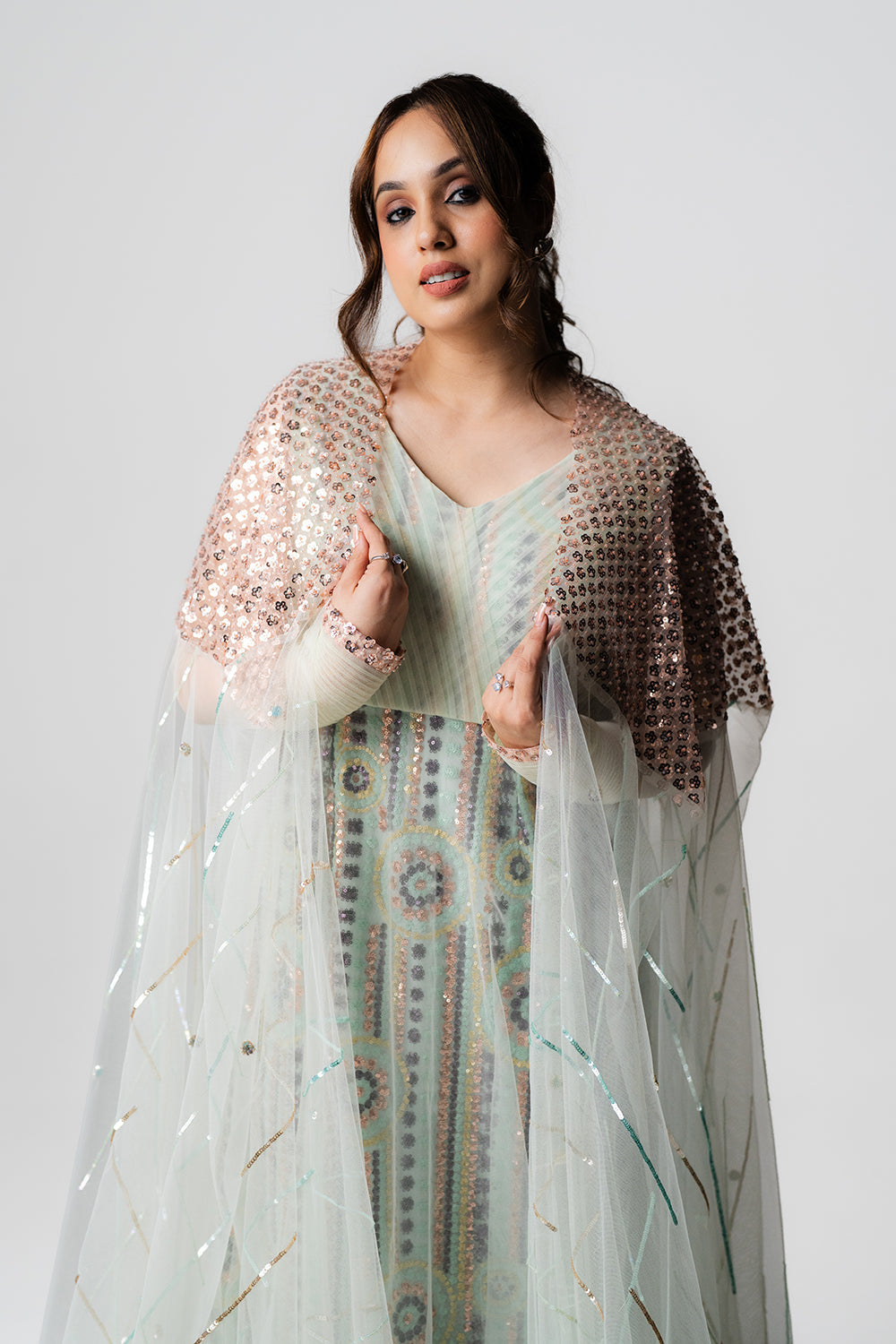 Pastel Mint Net Gown with Sequin Cape