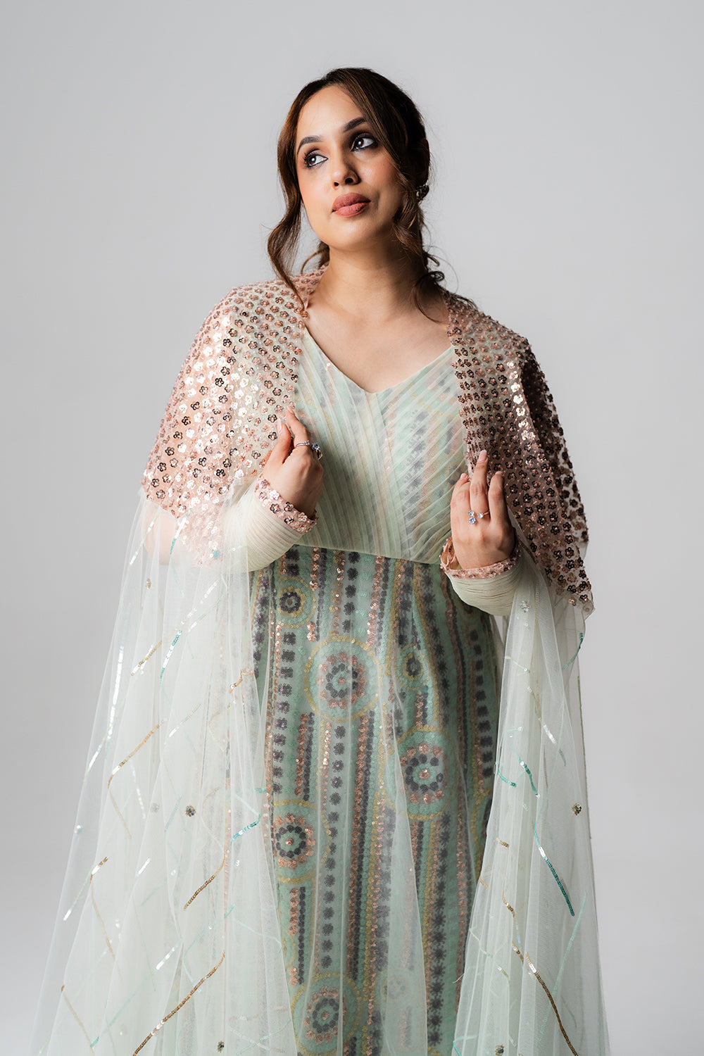 Pastel Mint Net Gown with Sequin Cape