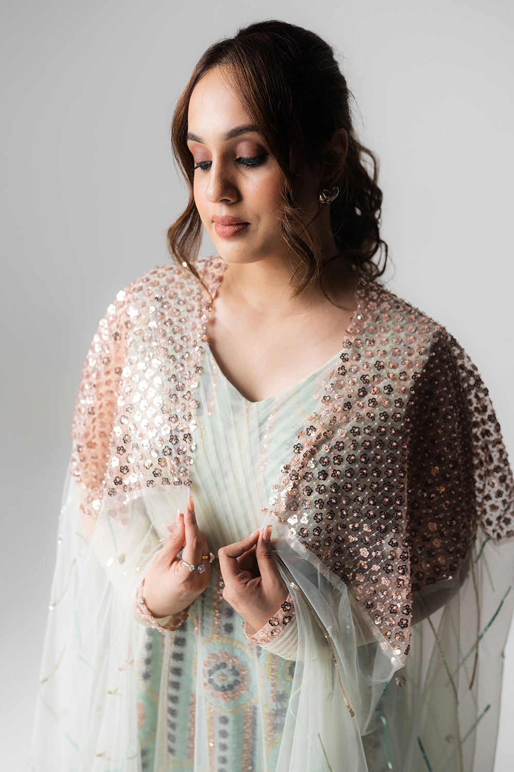 Pastel Mint Net Gown with Sequin Cape