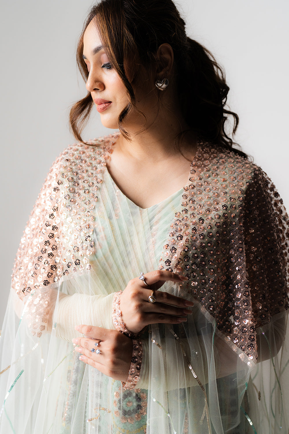 Pastel Mint Net Gown with Sequin Cape